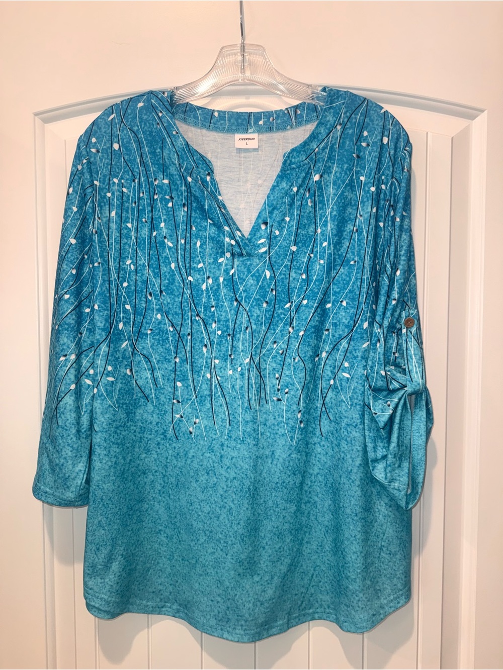XIEERDUO Teal Blue V-Neck Tunic with Vine Print